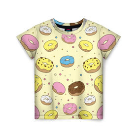 Детская футболка 3D с принтом Сладкие пончики , 100% гипоаллергенный полиэфир | прямой крой, круглый вырез горловины, длина до линии бедер, чуть спущенное плечо, ткань немного тянется | Тематика изображения на принте: булочки | гомер симпсон | еда | пончики | сладости