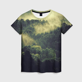 Женская футболка 3D с принтом туманный лес , 100% полиэфир ( синтетическое хлопкоподобное полотно) | прямой крой, круглый вырез горловины, длина до линии бедер | горы | лес | море | охота | приключения | природа | рыбалка | свобода | скалы | туман | туризм | экстрим