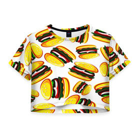 Женская футболка 3D укороченная с принтом Гамбургер , 100% полиэстер | круглая горловина, длина футболки до линии талии, рукава с отворотами | fast food | фастфуд