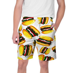 Мужские шорты 3D с принтом Гамбургер ,  полиэстер 100% | прямой крой, два кармана без застежек по бокам. Мягкая трикотажная резинка на поясе, внутри которой широкие завязки. Длина чуть выше колен | fast food | фастфуд