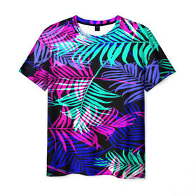Мужская футболка 3D с принтом Hawaii ? , 100% полиэфир | прямой крой, круглый вырез горловины, длина до линии бедер | листья | паттерн | разноцветный | тропики | яркий
