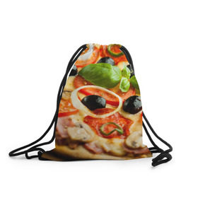 Рюкзак-мешок 3D с принтом Пицца , 100% полиэстер | плотность ткани — 200 г/м2, размер — 35 х 45 см; лямки — толстые шнурки, застежка на шнуровке, без карманов и подкладки | базилик | еда | зелень | маслины | оливки | пицца | помидоры