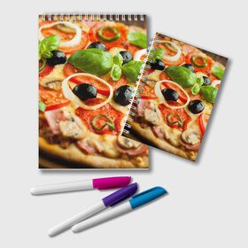 Блокнот с принтом Пицца , 100% бумага | 48 листов, плотность листов — 60 г/м2, плотность картонной обложки — 250 г/м2. Листы скреплены удобной пружинной спиралью. Цвет линий — светло-серый
 | базилик | еда | зелень | маслины | оливки | пицца | помидоры