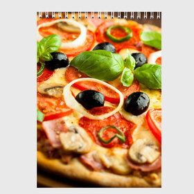 Скетчбук с принтом Пицца , 100% бумага
 | 48 листов, плотность листов — 100 г/м2, плотность картонной обложки — 250 г/м2. Листы скреплены сверху удобной пружинной спиралью | базилик | еда | зелень | маслины | оливки | пицца | помидоры