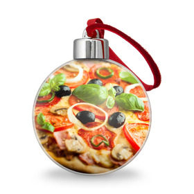 Ёлочный шар с принтом Пицца , Пластик | Диаметр: 77 мм | Тематика изображения на принте: базилик | еда | зелень | маслины | оливки | пицца | помидоры