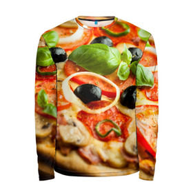Мужской лонгслив 3D с принтом Пицца , 100% полиэстер | длинные рукава, круглый вырез горловины, полуприлегающий силуэт | базилик | еда | зелень | маслины | оливки | пицца | помидоры