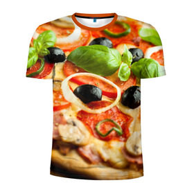 Мужская футболка 3D спортивная с принтом Пицца , 100% полиэстер с улучшенными характеристиками | приталенный силуэт, круглая горловина, широкие плечи, сужается к линии бедра | базилик | еда | зелень | маслины | оливки | пицца | помидоры