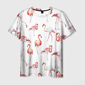 Мужская футболка 3D с принтом Узор из фламинго , 100% полиэфир | прямой крой, круглый вырез горловины, длина до линии бедер | животные | мозаика | птицы | узор | фауна | фламинго