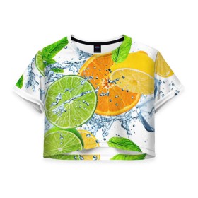 Женская футболка 3D укороченная с принтом Мятный смузи , 100% полиэстер | круглая горловина, длина футболки до линии талии, рукава с отворотами | Тематика изображения на принте: вода | еда | зима | искусство | лайм | лимон | листья | новинки | природа | солнце | фрукты