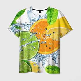 Мужская футболка 3D с принтом Мятный смузи , 100% полиэфир | прямой крой, круглый вырез горловины, длина до линии бедер | Тематика изображения на принте: вода | еда | зима | искусство | лайм | лимон | листья | новинки | природа | солнце | фрукты