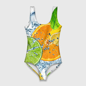 Купальник-боди 3D с принтом Мятный смузи , 82% полиэстер, 18% эластан | Круглая горловина, круглый вырез на спине | Тематика изображения на принте: вода | еда | зима | искусство | лайм | лимон | листья | новинки | природа | солнце | фрукты