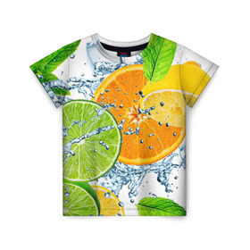 Детская футболка 3D с принтом Мятный смузи , 100% гипоаллергенный полиэфир | прямой крой, круглый вырез горловины, длина до линии бедер, чуть спущенное плечо, ткань немного тянется | Тематика изображения на принте: вода | еда | зима | искусство | лайм | лимон | листья | новинки | природа | солнце | фрукты