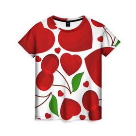 Женская футболка 3D с принтом сердце и вишня , 100% полиэфир ( синтетическое хлопкоподобное полотно) | прямой крой, круглый вырез горловины, длина до линии бедер | вишня | сердце