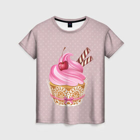 Женская футболка 3D с принтом пироженка , 100% полиэфир ( синтетическое хлопкоподобное полотно) | прямой крой, круглый вырез горловины, длина до линии бедер | candy | вишня | еда | конфеты | крем | пироженое | сладости