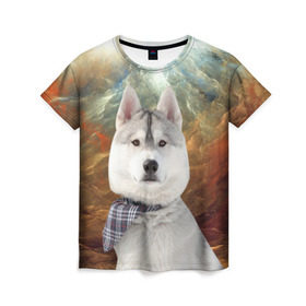 Женская футболка 3D с принтом Хаски , 100% полиэфир ( синтетическое хлопкоподобное полотно) | прямой крой, круглый вырез горловины, длина до линии бедер | маламут | песик | собака | собаки | собачка | хаски