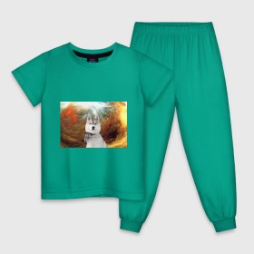 Детская пижама хлопок с принтом Хаски , 100% хлопок |  брюки и футболка прямого кроя, без карманов, на брюках мягкая резинка на поясе и по низу штанин
 | Тематика изображения на принте: маламут | песик | собака | собаки | собачка | хаски