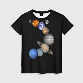 Женская футболка 3D с принтом Парад планет , 100% полиэфир ( синтетическое хлопкоподобное полотно) | прямой крой, круглый вырез горловины, длина до линии бедер | Тематика изображения на принте: звёзды | космическое пространство | космос | планета | созвездие