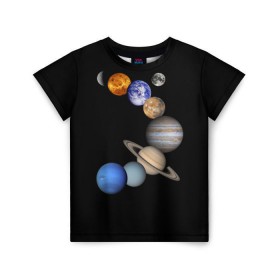 Детская футболка 3D с принтом Парад планет , 100% гипоаллергенный полиэфир | прямой крой, круглый вырез горловины, длина до линии бедер, чуть спущенное плечо, ткань немного тянется | Тематика изображения на принте: звёзды | космическое пространство | космос | планета | созвездие