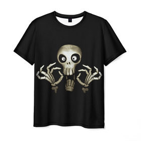 Мужская футболка 3D с принтом Скeлетик , 100% полиэфир | прямой крой, круглый вырез горловины, длина до линии бедер | Тематика изображения на принте: bones | halloween | skull в идеи подарков в хеллоуин | скелет | скелеты | хеллоиун | хэллоуин | хэлоуин | череп | черепа