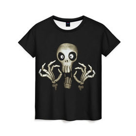 Женская футболка 3D с принтом Скeлетик , 100% полиэфир ( синтетическое хлопкоподобное полотно) | прямой крой, круглый вырез горловины, длина до линии бедер | bones | halloween | skull в идеи подарков в хеллоуин | скелет | скелеты | хеллоиун | хэллоуин | хэлоуин | череп | черепа