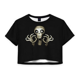 Женская футболка 3D укороченная с принтом Скeлетик , 100% полиэстер | круглая горловина, длина футболки до линии талии, рукава с отворотами | bones | halloween | skull в идеи подарков в хеллоуин | скелет | скелеты | хеллоиун | хэллоуин | хэлоуин | череп | черепа