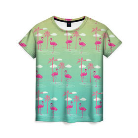 Женская футболка 3D с принтом Фламинго и пальмы , 100% полиэфир ( синтетическое хлопкоподобное полотно) | прямой крой, круглый вырез горловины, длина до линии бедер | животные | мозаика | пальмы | птицы | тропики | узор | фауна | фламинго