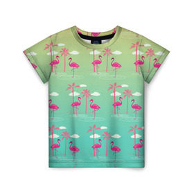 Детская футболка 3D с принтом Фламинго и пальмы , 100% гипоаллергенный полиэфир | прямой крой, круглый вырез горловины, длина до линии бедер, чуть спущенное плечо, ткань немного тянется | животные | мозаика | пальмы | птицы | тропики | узор | фауна | фламинго