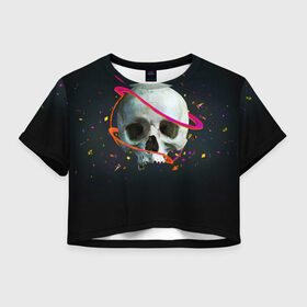 Женская футболка 3D укороченная с принтом Череп конфетти , 100% полиэстер | круглая горловина, длина футболки до линии талии, рукава с отворотами | дьявол | конфетти | кости | монстр | прикольные картинки | череп