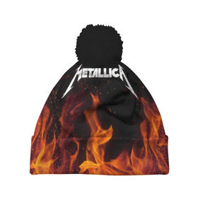 Шапка 3D c помпоном с принтом Metallica fire , 100% полиэстер | универсальный размер, печать по всей поверхности изделия | металлика