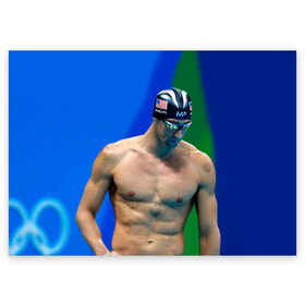 Поздравительная открытка с принтом Michael Phelps , 100% бумага | плотность бумаги 280 г/м2, матовая, на обратной стороне линовка и место для марки
 | Тематика изображения на принте: бассейн | пловец | чемпион. фелепс