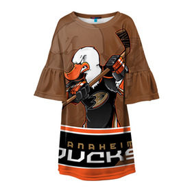 Детское платье 3D с принтом Anaheim Ducks , 100% полиэстер | прямой силуэт, чуть расширенный к низу. Круглая горловина, на рукавах — воланы | anaheim ducks | nhl | stanley cup | кубок стенли | кубок стэнли | нхл | хоккей | хоккейный клуб
