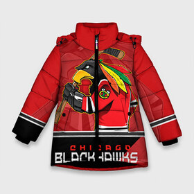 Зимняя куртка для девочек 3D с принтом Chicago Blackhawks , ткань верха — 100% полиэстер; подклад — 100% полиэстер, утеплитель — 100% полиэстер. | длина ниже бедра, удлиненная спинка, воротник стойка и отстегивающийся капюшон. Есть боковые карманы с листочкой на кнопках, утяжки по низу изделия и внутренний карман на молнии. 

Предусмотрены светоотражающий принт на спинке, радужный светоотражающий элемент на пуллере молнии и на резинке для утяжки. | Тематика изображения на принте: chicago blackhawks | nhl | stanley cup | анисимов | блэкхокс | кубок стенли | кубок стэнли | нхл | панарин | хоккей | хоккейный клуб | чикаго | чикаго блэкхокс