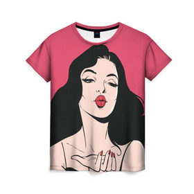 Женская футболка 3D с принтом Воздушный поцелуй , 100% полиэфир ( синтетическое хлопкоподобное полотно) | прямой крой, круглый вырез горловины, длина до линии бедер | брюнетка | о.м.с.к. | поп арт | поцелуй