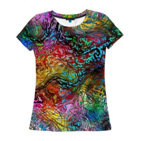Женская футболка 3D с принтом Буйство красок , 100% полиэфир ( синтетическое хлопкоподобное полотно) | прямой крой, круглый вырез горловины, длина до линии бедер | Тематика изображения на принте: краски | линии | мозаика | орнамент | узор | цвет