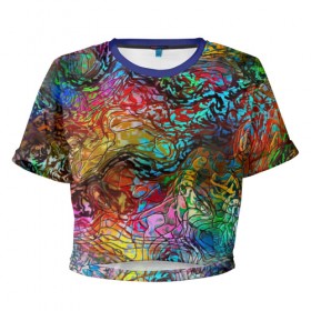 Женская футболка 3D укороченная с принтом Буйство красок , 100% полиэстер | круглая горловина, длина футболки до линии талии, рукава с отворотами | Тематика изображения на принте: краски | линии | мозаика | орнамент | узор | цвет