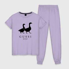 Женская пижама хлопок с принтом GUSSI , 100% хлопок | брюки и футболка прямого кроя, без карманов, на брюках мягкая резинка на поясе и по низу штанин | gucci | gussi | антибренд | бренд | гуси | гучи | пародии