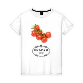 Женская футболка хлопок с принтом PRADAM , 100% хлопок | прямой крой, круглый вырез горловины, длина до линии бедер, слегка спущенное плечо | prada | pradam | антибренд | бренд | пародии | прада | прадам