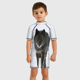 Детский купальный костюм 3D с принтом Черный волк , Полиэстер 85%, Спандекс 15% | застежка на молнии на спине | дикий | зима
