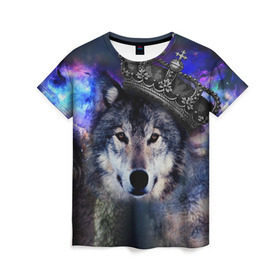 Женская футболка 3D с принтом King Wolf , 100% полиэфир ( синтетическое хлопкоподобное полотно) | прямой крой, круглый вырез горловины, длина до линии бедер | животное | зверь | космос | природа волк | русь | славяне