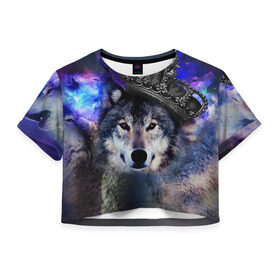 Женская футболка 3D укороченная с принтом King Wolf , 100% полиэстер | круглая горловина, длина футболки до линии талии, рукава с отворотами | животное | зверь | космос | природа волк | русь | славяне