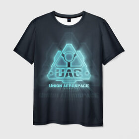 Мужская футболка 3D с принтом Union Aerospace corporation , 100% полиэфир | прямой крой, круглый вырез горловины, длина до линии бедер | doom | uac | дум | космос