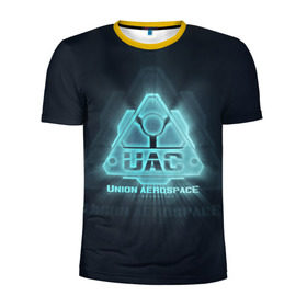 Мужская футболка 3D спортивная с принтом Union Aerospace corporation , 100% полиэстер с улучшенными характеристиками | приталенный силуэт, круглая горловина, широкие плечи, сужается к линии бедра | Тематика изображения на принте: doom | uac | дум | космос