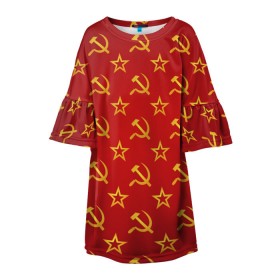 Детское платье 3D с принтом СССР , 100% полиэстер | прямой силуэт, чуть расширенный к низу. Круглая горловина, на рукавах — воланы | Тематика изображения на принте: ussr | герб | звезда | молот | серп | советский | союз