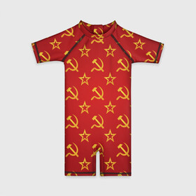 Детский купальный костюм 3D с принтом СССР , Полиэстер 85%, Спандекс 15% | застежка на молнии на спине | ussr | герб | звезда | молот | серп | советский | союз