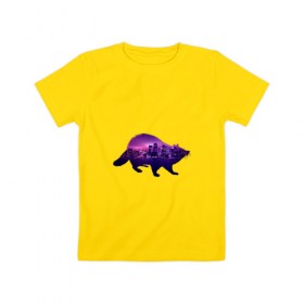 Детская футболка хлопок с принтом енот город , 100% хлопок | круглый вырез горловины, полуприлегающий силуэт, длина до линии бедер | вода | город | енот | залив | здания | огни | розовый | фиолетовый