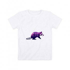Детская футболка хлопок с принтом енот город , 100% хлопок | круглый вырез горловины, полуприлегающий силуэт, длина до линии бедер | Тематика изображения на принте: вода | город | енот | залив | здания | огни | розовый | фиолетовый