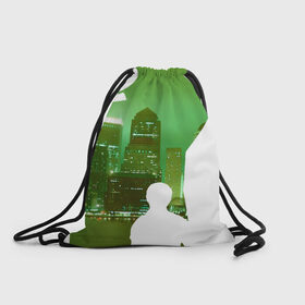 Рюкзак-мешок 3D с принтом зеленый фонарь город , 100% полиэстер | плотность ткани — 200 г/м2, размер — 35 х 45 см; лямки — толстые шнурки, застежка на шнуровке, без карманов и подкладки | Тематика изображения на принте: вода | город | залив | здания | зеленый | огни | розовый | супергерой | фиолетовый | фонарь