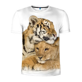 Мужская футболка 3D спортивная с принтом Тигр и львица , 100% полиэстер с улучшенными характеристиками | приталенный силуэт, круглая горловина, широкие плечи, сужается к линии бедра | дикие | милые | природа | тигр | яркие
