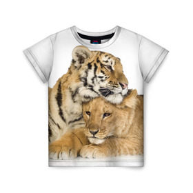 Детская футболка 3D с принтом Тигр и львица , 100% гипоаллергенный полиэфир | прямой крой, круглый вырез горловины, длина до линии бедер, чуть спущенное плечо, ткань немного тянется | дикие | милые | природа | тигр | яркие