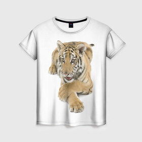Женская футболка 3D с принтом Ласковый тигренок , 100% полиэфир ( синтетическое хлопкоподобное полотно) | прямой крой, круглый вырез горловины, длина до линии бедер | дикие | милые | природа | тигр | яркие